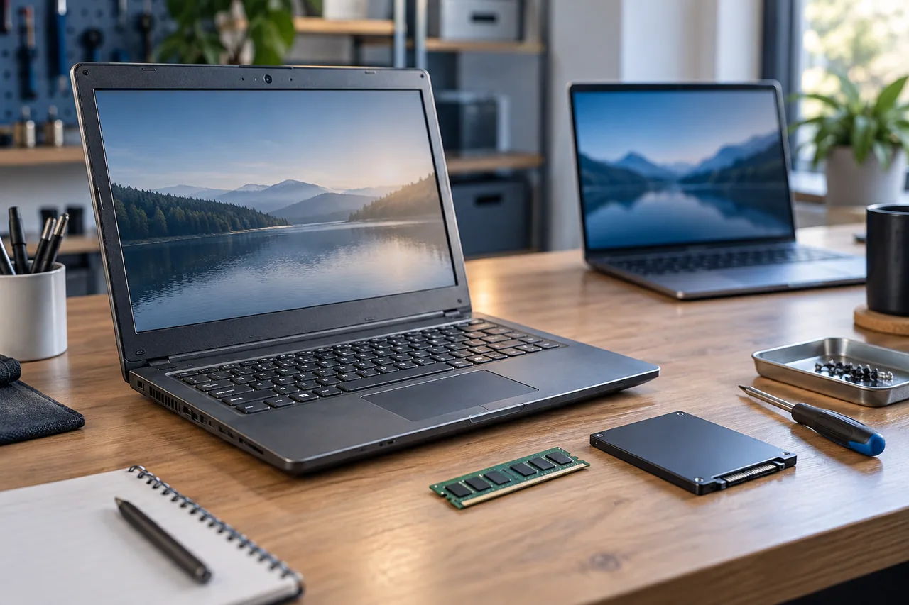 Ordinateur portable ancien accompagné d’un SSD et d’une barrette de mémoire