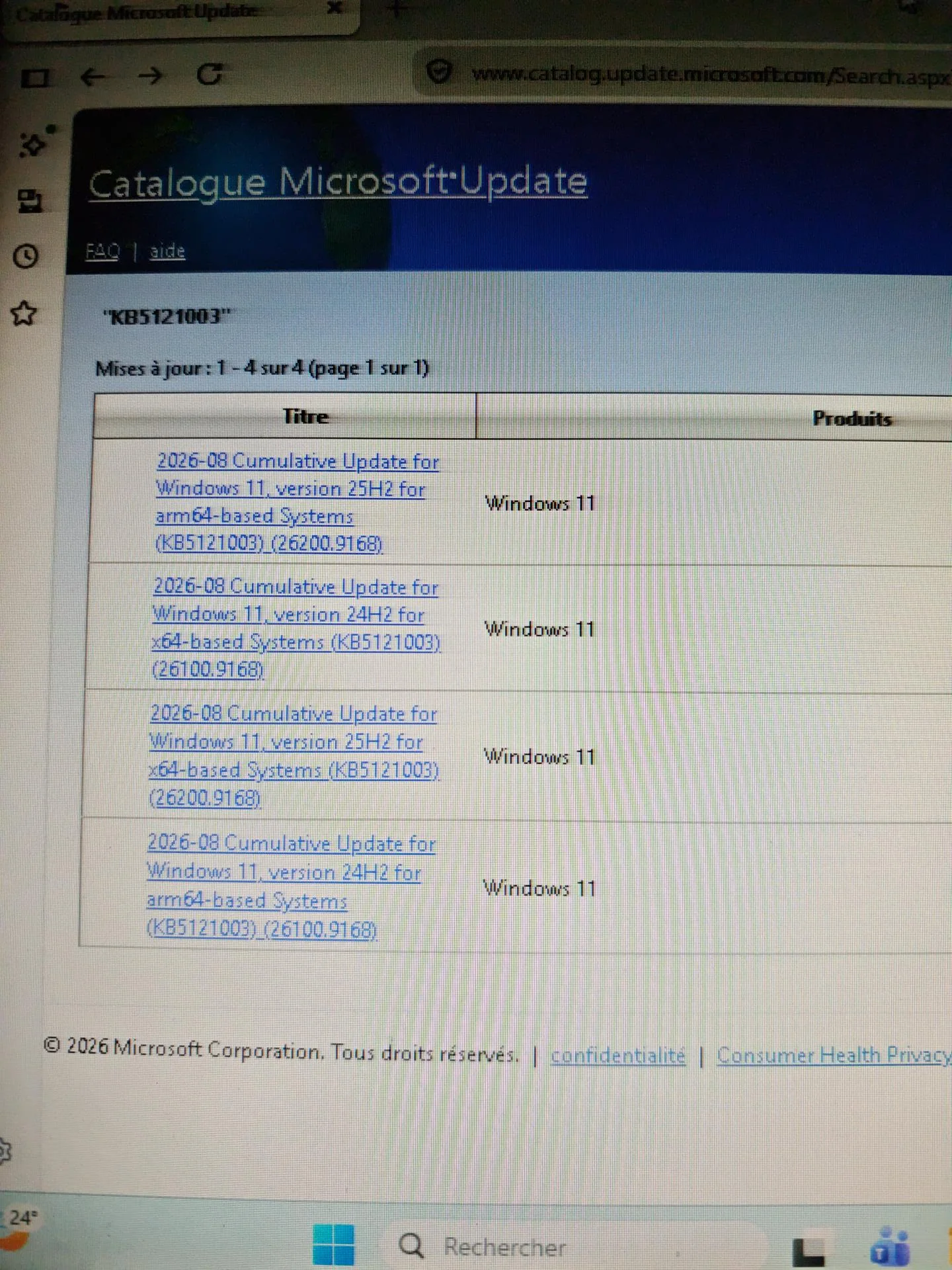 Recherche de la mise à jour dans le catalogue Microsoft Update