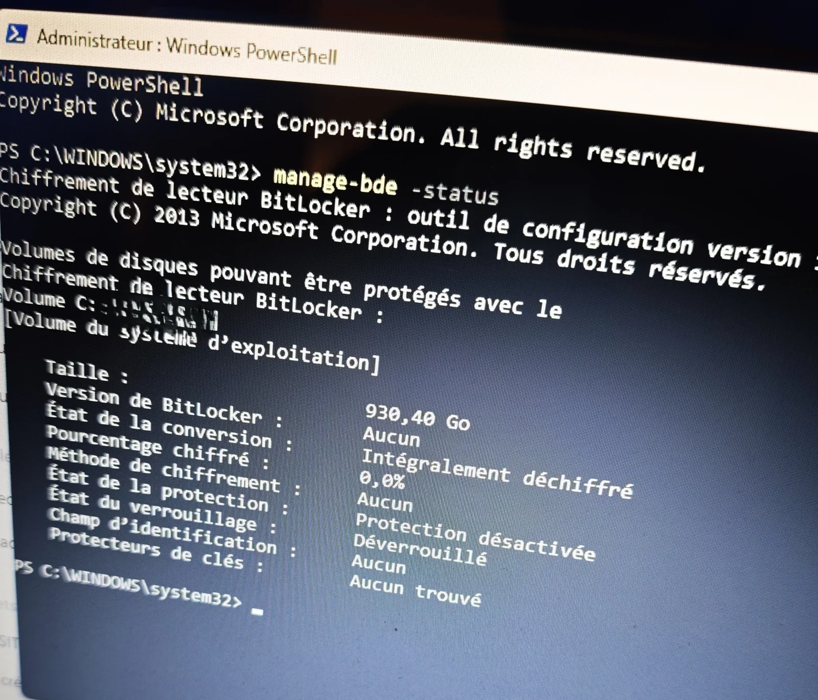Contrôle de l'état de BitLocker avant la modification des disques