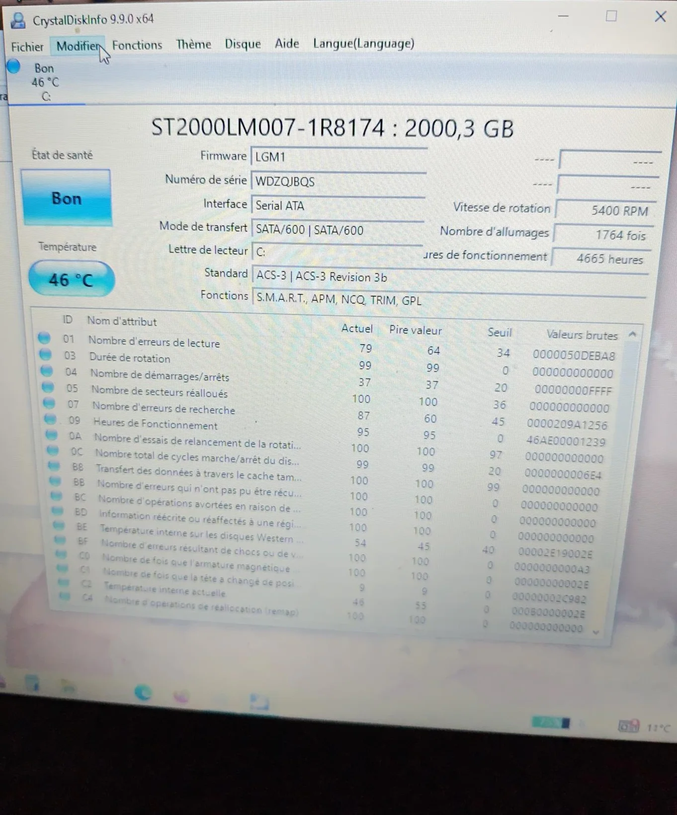 État du disque dur contrôlé pendant le diagnostic